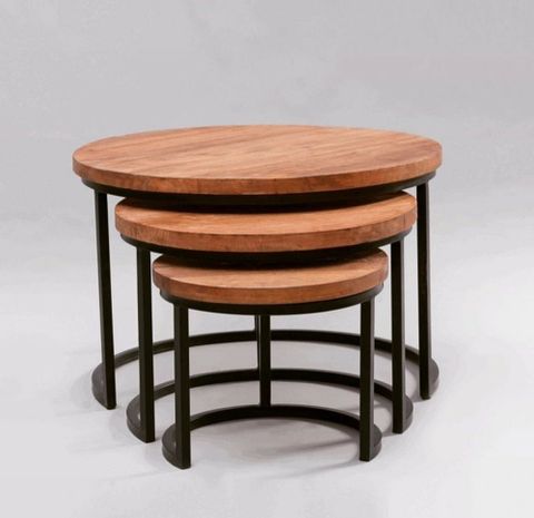 Ka Black Iron Nesting Coffee Table Set Of 3 With Wooden Top, For Hotel ... within The Enduring Appeal of Black Iron and Stained Wood Nesting Table Sets